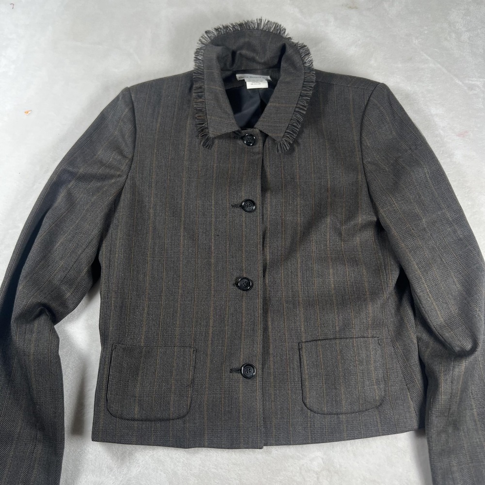 Harve Benard Sport Blazer Womens 10 Gray Wool Pinstripe Fringe Collar Jacket